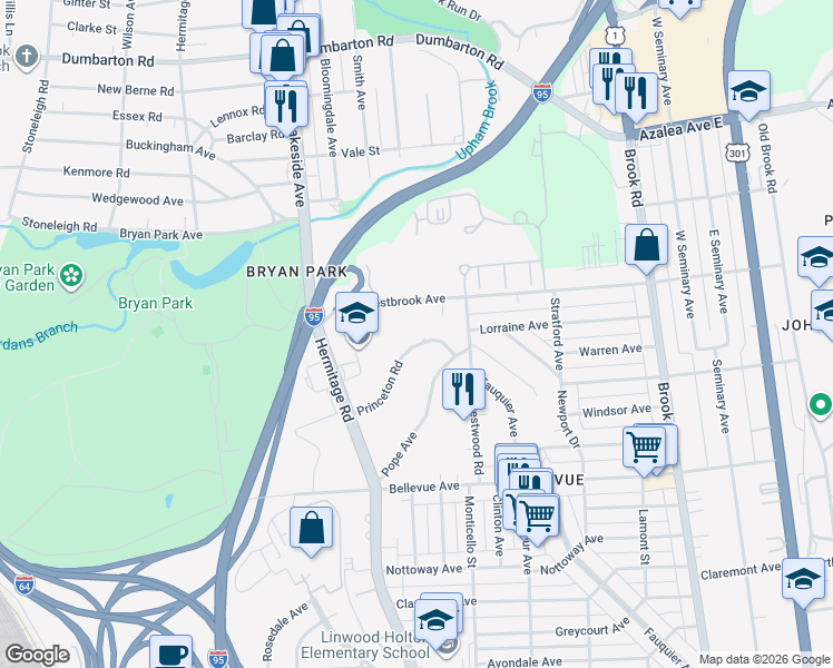 map of restaurants, bars, coffee shops, grocery stores, and more near 1615 Westbrook Avenue in Richmond