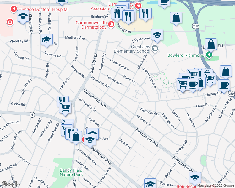 map of restaurants, bars, coffee shops, grocery stores, and more near 6912 Horsepen Road in Richmond