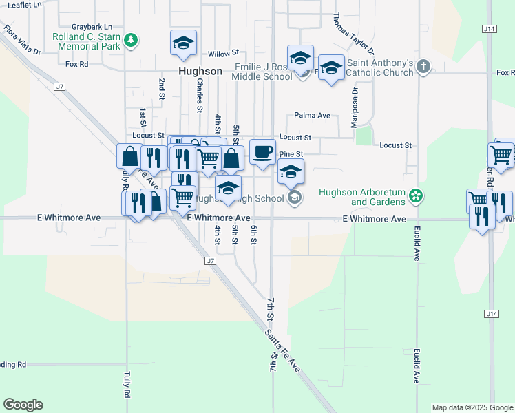 map of restaurants, bars, coffee shops, grocery stores, and more near 2462 6th Street in Hughson