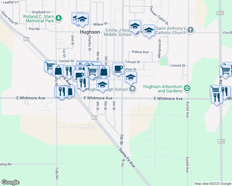 map of restaurants, bars, coffee shops, grocery stores, and more near 2462 6th Street in Hughson