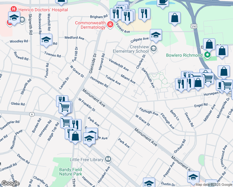 map of restaurants, bars, coffee shops, grocery stores, and more near 6911 Horsepen Road in Richmond