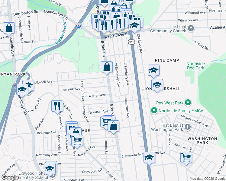 map of restaurants, bars, coffee shops, grocery stores, and more near 4524 West Seminary Avenue in Richmond