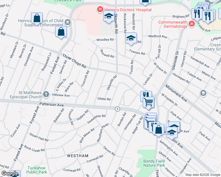 map of restaurants, bars, coffee shops, grocery stores, and more near 1203 Skipwith Road in Richmond