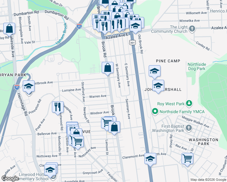 map of restaurants, bars, coffee shops, grocery stores, and more near 4524 West Seminary Avenue in Richmond