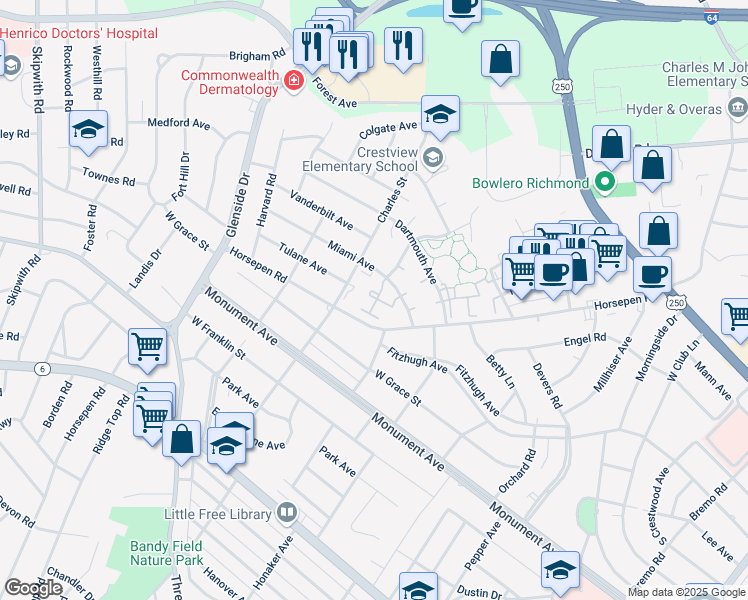 map of restaurants, bars, coffee shops, grocery stores, and more near 1304 Aldwych Court in Richmond