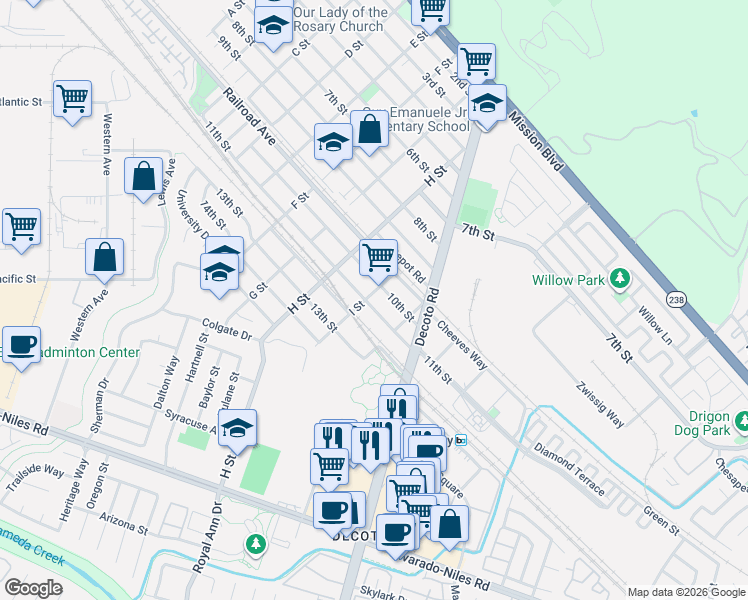 map of restaurants, bars, coffee shops, grocery stores, and more near 33908 10th Street in Union City