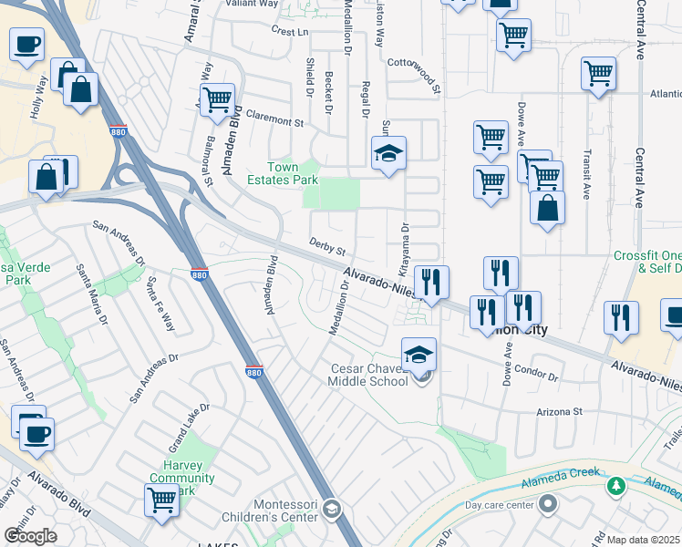 map of restaurants, bars, coffee shops, grocery stores, and more near 2297 Medallion Drive in Union City