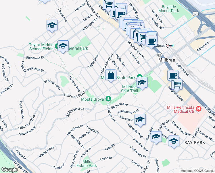 map of restaurants, bars, coffee shops, grocery stores, and more near 116 Laurel Avenue in Millbrae