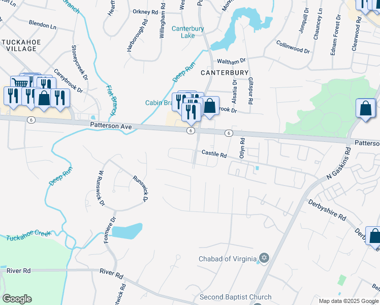 map of restaurants, bars, coffee shops, grocery stores, and more near 900 Pump Road in Henrico
