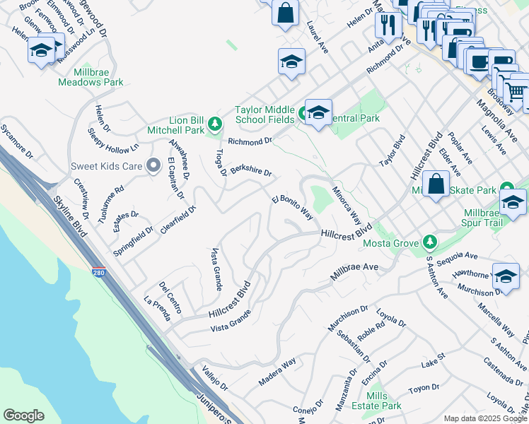 map of restaurants, bars, coffee shops, grocery stores, and more near 1029 Vista Grande in Millbrae