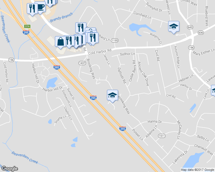 map of restaurants, bars, coffee shops, grocery stores, and more near 7163 Brooking Way in Mechanicsville