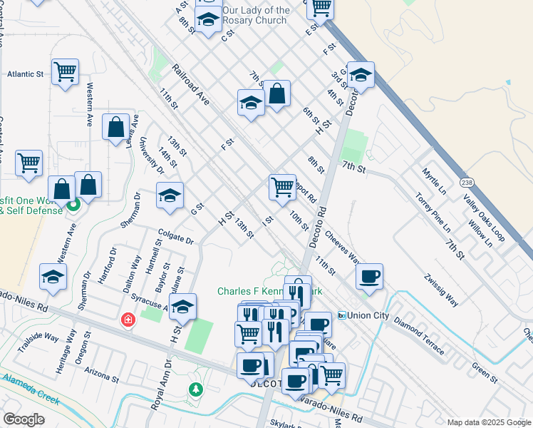 map of restaurants, bars, coffee shops, grocery stores, and more near 33836 11th Street in Union City