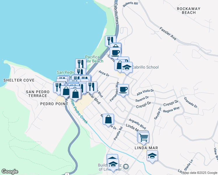 map of restaurants, bars, coffee shops, grocery stores, and more near 1120 De Solo Drive in Pacifica