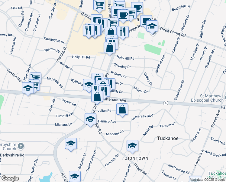 map of restaurants, bars, coffee shops, grocery stores, and more near 8514 Wetherly Drive in Henrico