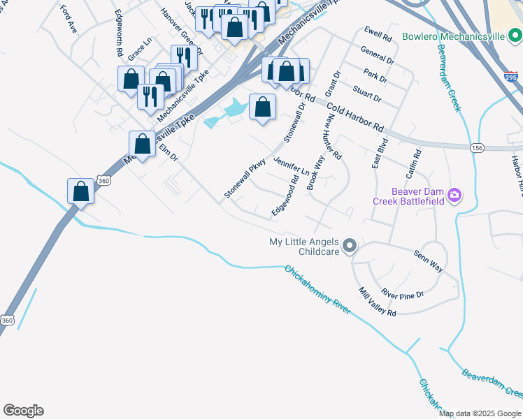map of restaurants, bars, coffee shops, grocery stores, and more near 7106 Kella Way in Mechanicsville