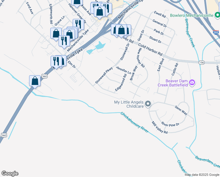 map of restaurants, bars, coffee shops, grocery stores, and more near 7106 Kella Way in Mechanicsville
