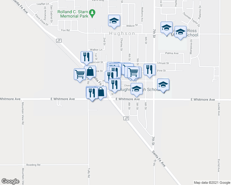 map of restaurants, bars, coffee shops, grocery stores, and more near 2424 Charles Street in Hughson