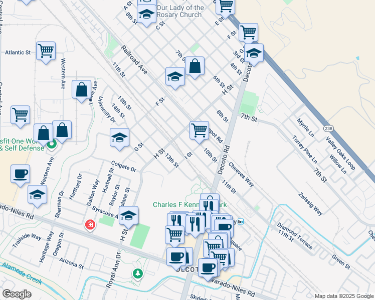 map of restaurants, bars, coffee shops, grocery stores, and more near 33836 11th Street in Union City