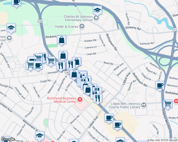 map of restaurants, bars, coffee shops, grocery stores, and more near 6014 Indigo Road in Richmond