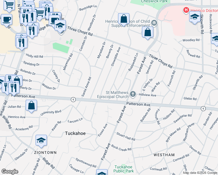 map of restaurants, bars, coffee shops, grocery stores, and more near 1205 Dinwiddie Avenue in Richmond