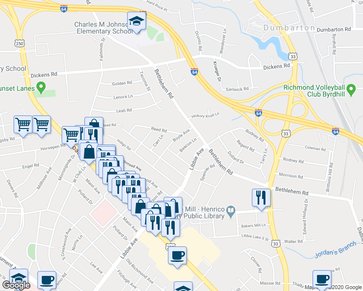 map of restaurants, bars, coffee shops, grocery stores, and more near 2406 Beacon Lane in Richmond