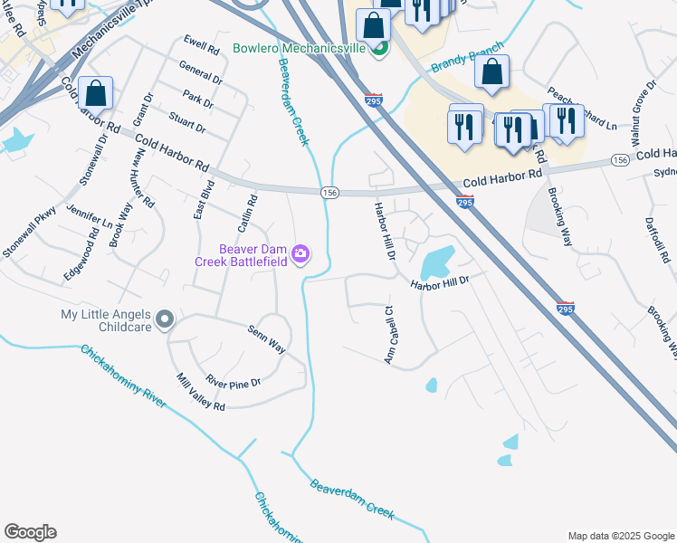 map of restaurants, bars, coffee shops, grocery stores, and more near 7304 Old Cold Harbor Road in Mechanicsville
