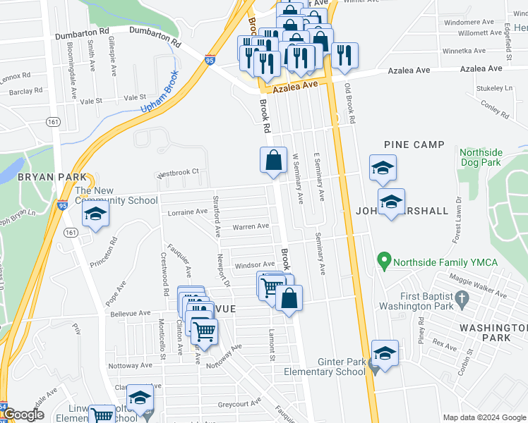 map of restaurants, bars, coffee shops, grocery stores, and more near 1209 Lorraine Avenue in Richmond