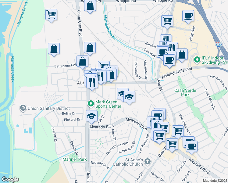 map of restaurants, bars, coffee shops, grocery stores, and more near 3808 Shinglewood Court in Union City