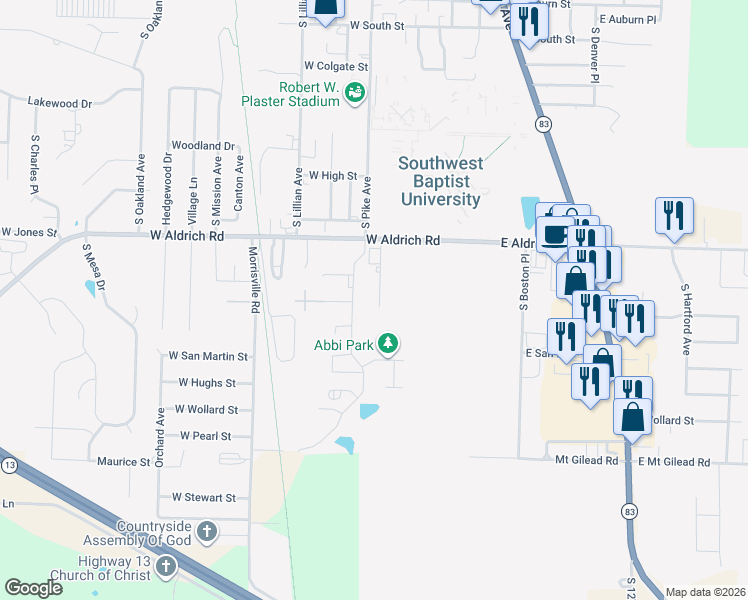 map of restaurants, bars, coffee shops, grocery stores, and more near 1801-2099 Maple Tree Ln in Bolivar