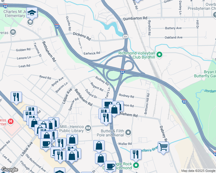 map of restaurants, bars, coffee shops, grocery stores, and more near 4901 Rodney Road in Richmond