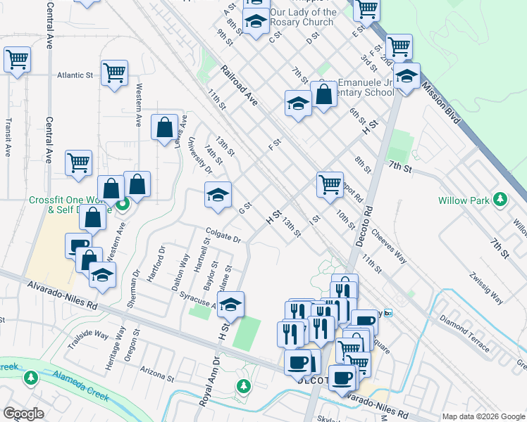 map of restaurants, bars, coffee shops, grocery stores, and more near 33736 14th Street in Union City
