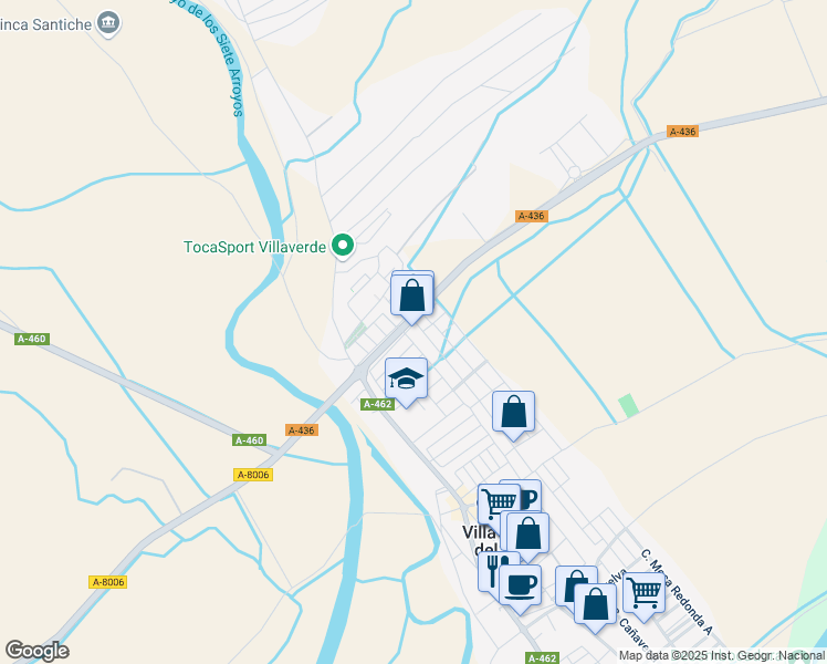 map of restaurants, bars, coffee shops, grocery stores, and more near 24 Calle Santiago Martinez in Villaverde del Río