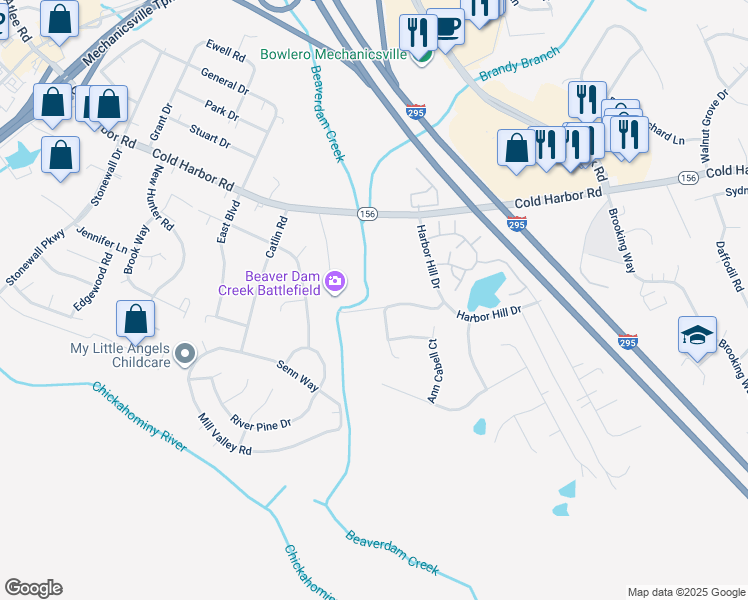 map of restaurants, bars, coffee shops, grocery stores, and more near 7304 Old Cold Harbor Road in Mechanicsville