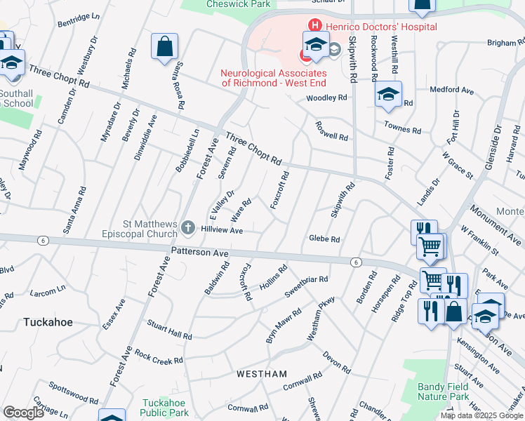 map of restaurants, bars, coffee shops, grocery stores, and more near 7805 Granger Road in Henrico
