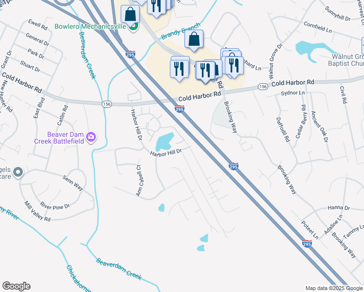 map of restaurants, bars, coffee shops, grocery stores, and more near 7197 Harbor Hill Drive in Mechanicsville