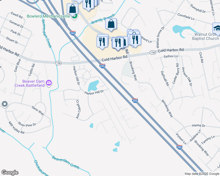map of restaurants, bars, coffee shops, grocery stores, and more near 7197 Harbor Hill Drive in Mechanicsville