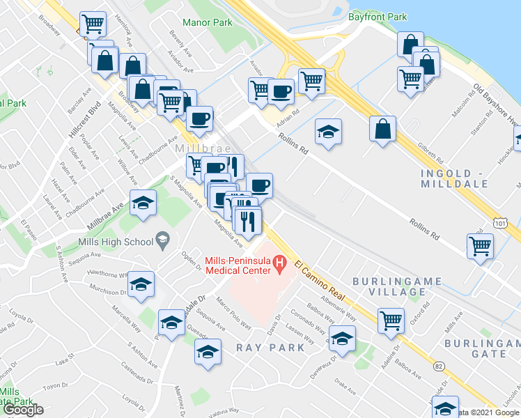 map of restaurants, bars, coffee shops, grocery stores, and more near 1828 California 82 in Burlingame