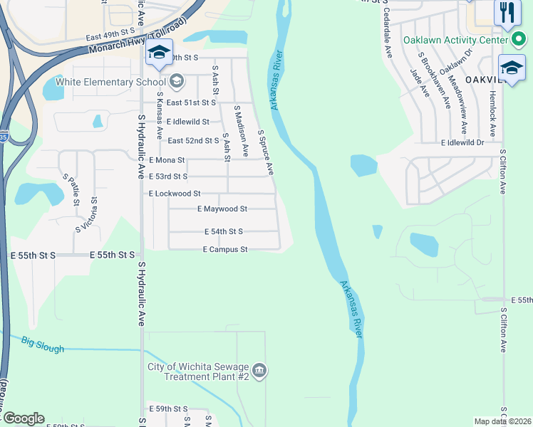 map of restaurants, bars, coffee shops, grocery stores, and more near 2242-2298 East Maywood Street in Wichita