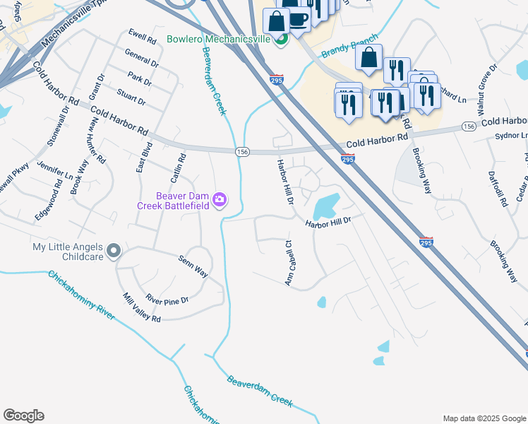 map of restaurants, bars, coffee shops, grocery stores, and more near 7292 Old Cold Harbor Road in Mechanicsville