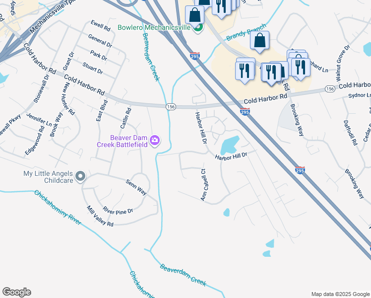 map of restaurants, bars, coffee shops, grocery stores, and more near 7292 Old Cold Harbor Road in Mechanicsville