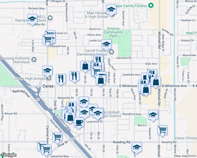 map of restaurants, bars, coffee shops, grocery stores, and more near 2531 East Whitmore Avenue in Ceres