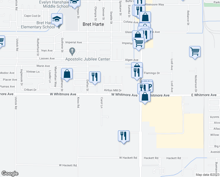 map of restaurants, bars, coffee shops, grocery stores, and more near 417 Kirbys Mill Drive in Modesto