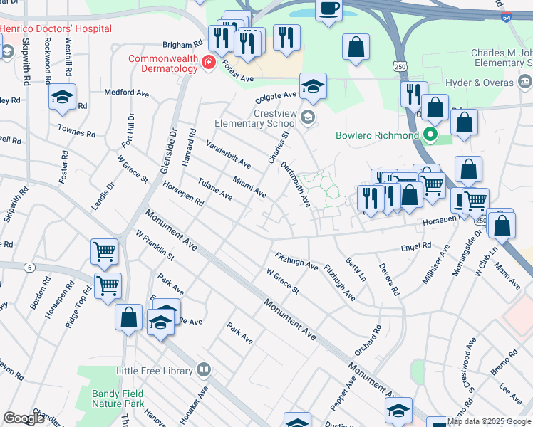 map of restaurants, bars, coffee shops, grocery stores, and more near 1244 Kenley Square in Richmond