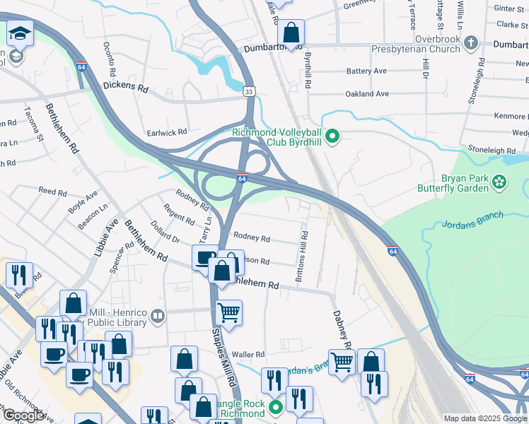 map of restaurants, bars, coffee shops, grocery stores, and more near 4816 Coleman Road in Richmond