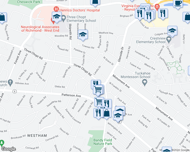 map of restaurants, bars, coffee shops, grocery stores, and more near 7314 Three Chopt Road in Richmond
