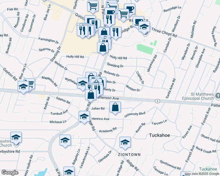 map of restaurants, bars, coffee shops, grocery stores, and more near 8510 Wetherly Drive in Richmond