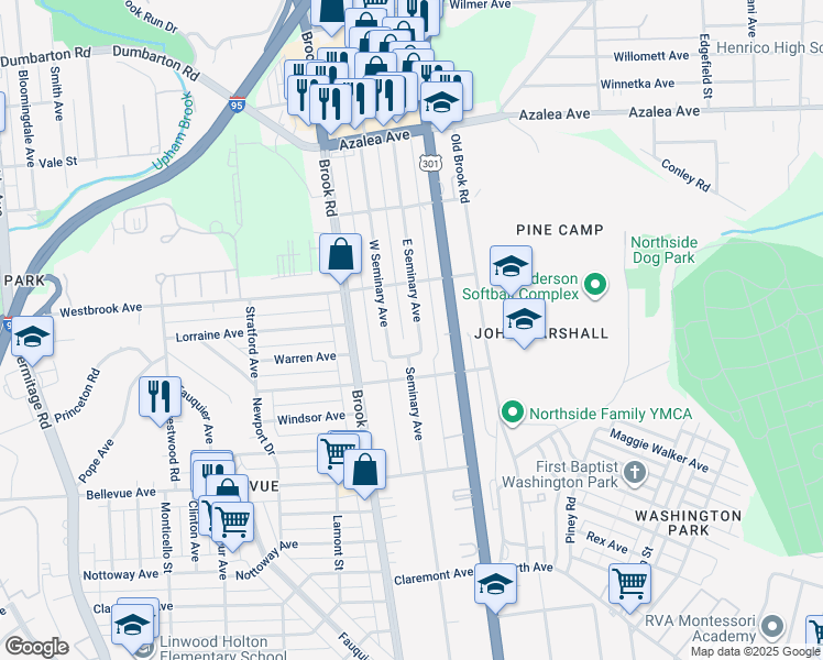 map of restaurants, bars, coffee shops, grocery stores, and more near 4520 East Seminary Avenue in Richmond
