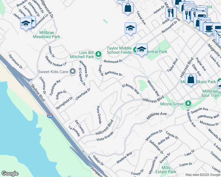 map of restaurants, bars, coffee shops, grocery stores, and more near 734 Clearfield Drive in Millbrae