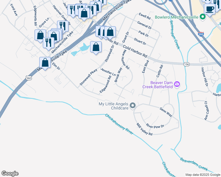map of restaurants, bars, coffee shops, grocery stores, and more near 7461 Bridle Court in Mechanicsville
