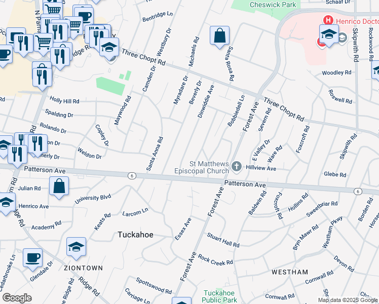 map of restaurants, bars, coffee shops, grocery stores, and more near 1205 Dinwiddie Avenue in Richmond